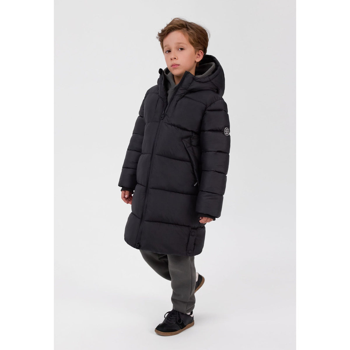 Longline padded coat with side poppers — complete product view for square Shop card