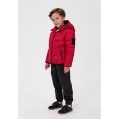 Hooded padded jacket with zipped pockets in red