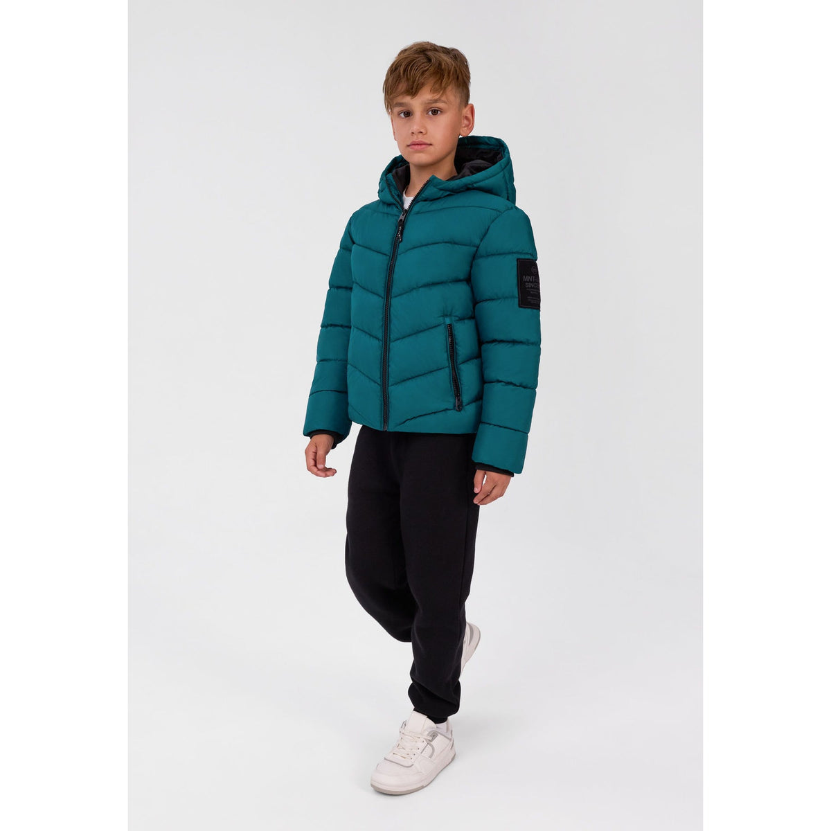 Hooded padded jacket with zipped pockets in green — complete product view for square Shop card