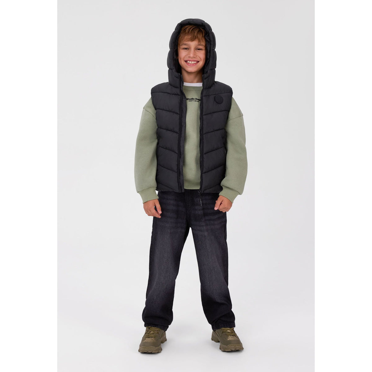 Hooded padded gilet in black — complete product view for square Shop card