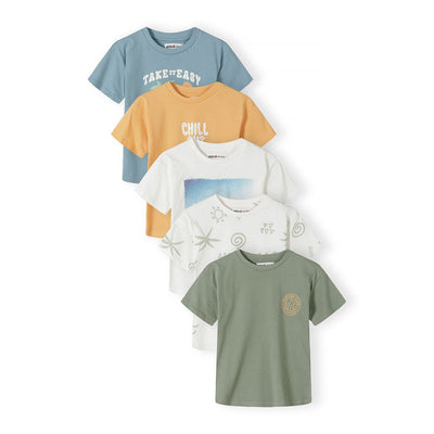 Boys' graphic t-shirts 5-pack in blue-grey, yellow, white and khaki — complete product view for square Shop card