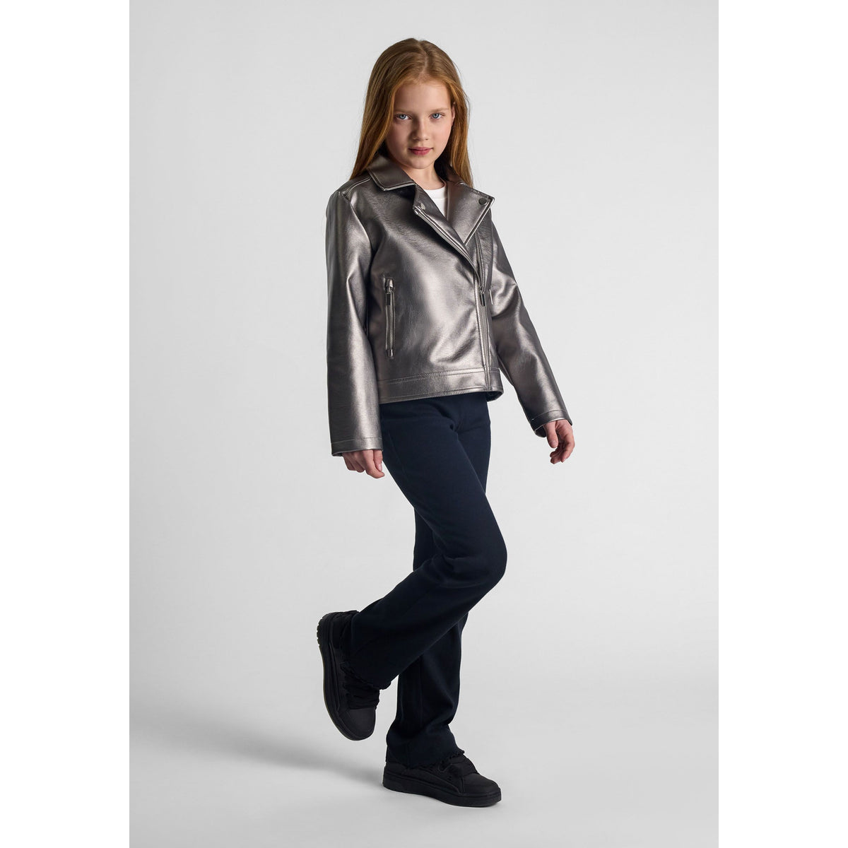 Girls' biker jacket in silver — complete product view for square Shop card