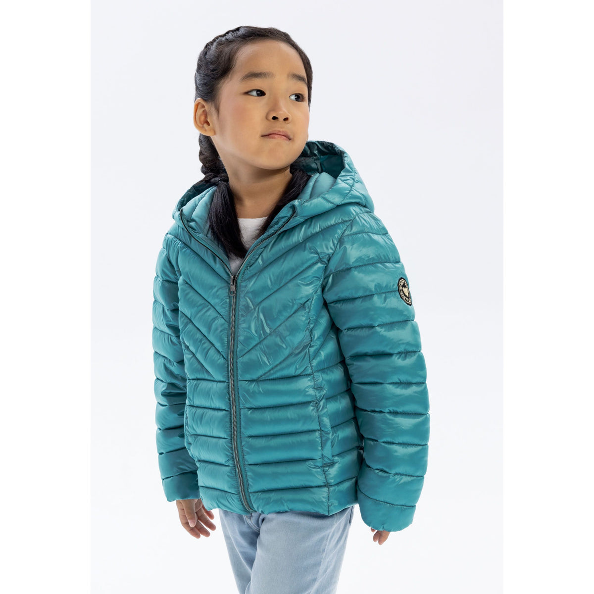Girls' puffer jacket in turquoise — complete product view for square Shop card
