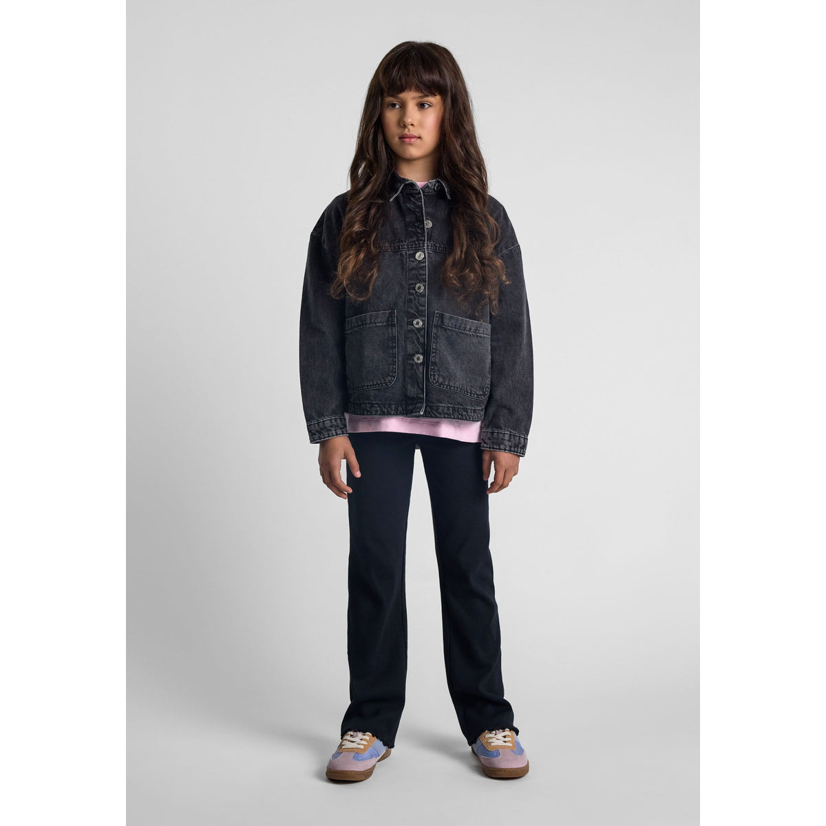 Girls' denim jacket in washed black — complete product view for square Shop card
