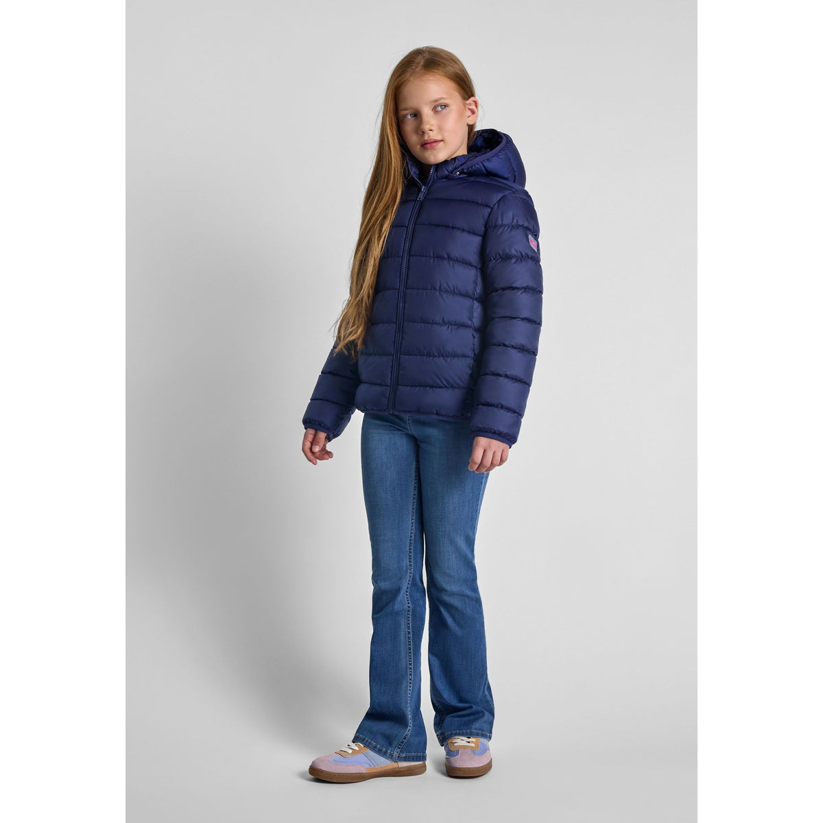 Girls' puffer jacket in navy — complete product view for square Shop card