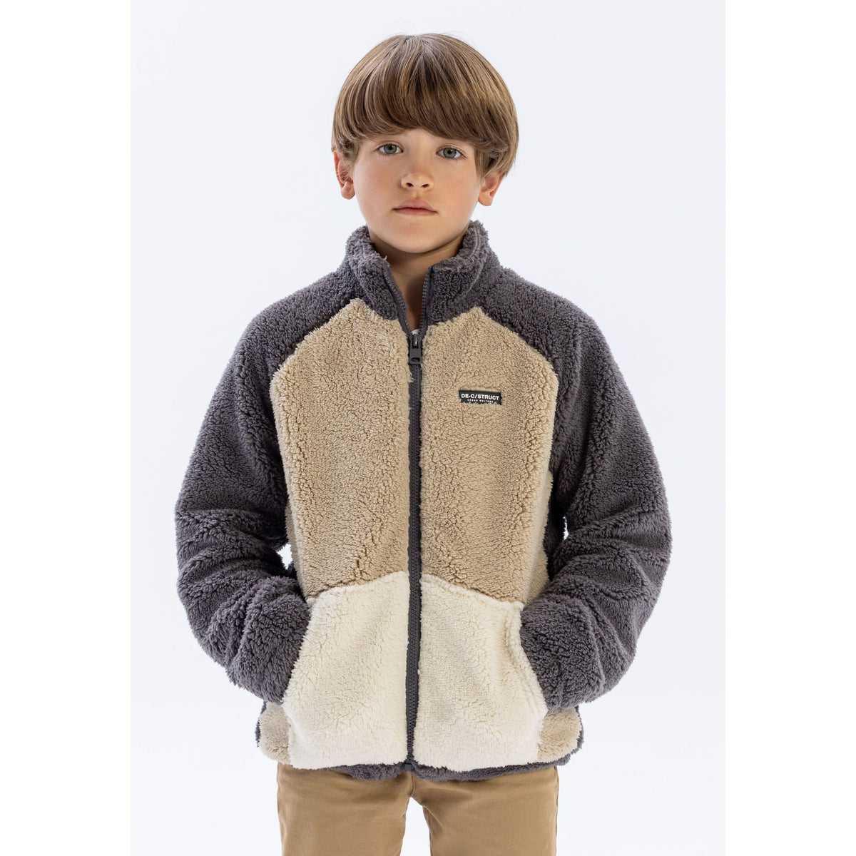 Boys' teddy jacket in grey — complete product view for square Shop card