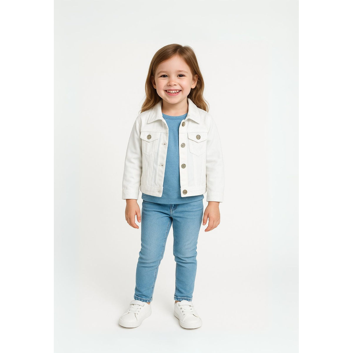 Girls' denim jacket in white — complete product view for square Shop card