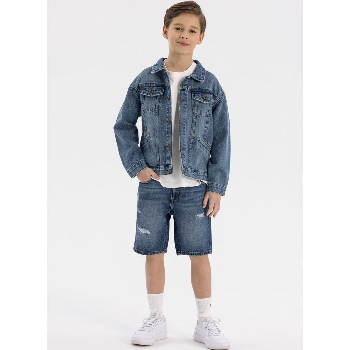 Boys' denim jacket in blue — complete product view for square Shop card