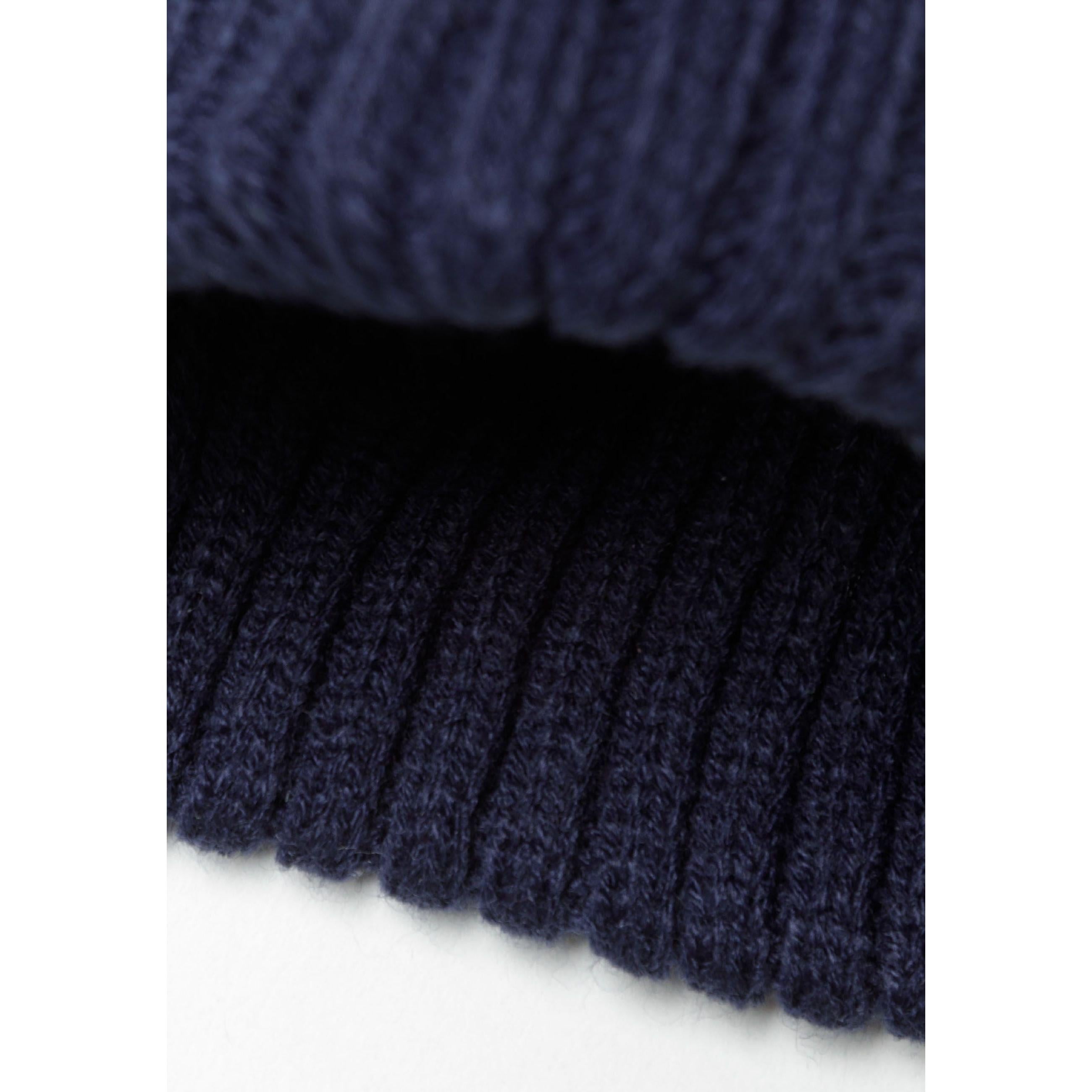 Detail view of navy ribbed knit texture and construction of the winter accessories
