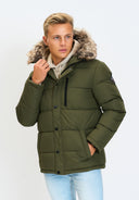 Olive green padded jacket with faux fur trim hood and black zipper accents