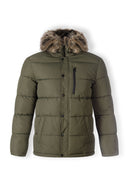 Olive green padded jacket with faux fur trim hood and black zipper accents