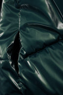 Metallic dark green padded jacket with glossy nylon and quilted hooded design