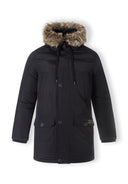 Black padded parka jacket with fur-lined hood and button closure