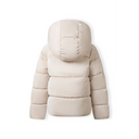 Cream-colored padded winter jacket with quilted design and attached hood