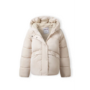 Beige padded winter jacket with hood and button closure