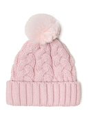 Pink knitted cable pom pom beanie with fluffy pom pom