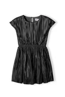 Black pleated party dress with gathered waist and short sleeves