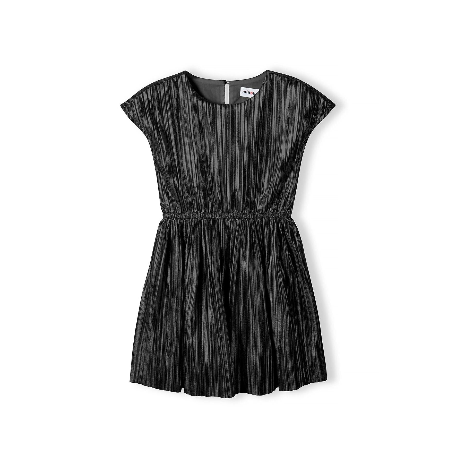 Flat lay of metallic black pleated party dress showing cap sleeves, elasticated waist and pleated skirt detail on white background