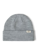Gray heathered ribbed beanie hat with folded cuff and white label