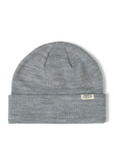 Gray ribbed beanie hat with folded cuff and beige label