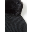 Black ribbed knit beanie with fluffy faux fur pom-pom