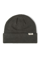 Dark gray unisex ribbed knit beanie hat with folded cuff and white label