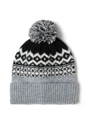 Fair Isle gray knit beanie with geometric pattern and pom-pom from set