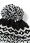 Fair Isle gray winter knit beanie with fuzzy pom-pom in set