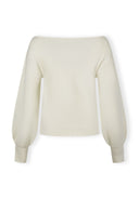 Cream boat neckline women jumper with off-shoulder knit and puffed sleeves