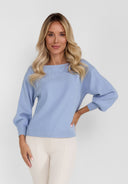 Light blue women jumper with boat neckline and long sleeves