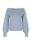 Light blue women jumper with boat neckline and ribbed knit details