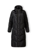 Women black long quilted winter jacket with contrast zip and drawstring hood