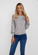 Women relaxed fit light gray knit sweater with boat neckline