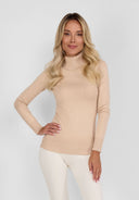 Women soft turtleneck jumper in beige viscose blend with ribbed cuffs