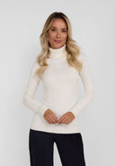 Women soft turtleneck jumper in cream viscose blend, ribbed long-sleeve fit