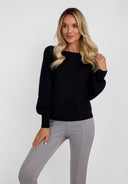 Womens boat neckline black sweater with puffed sleeves