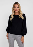 Women’s boat neckline black knit sweater with puffed sleeves