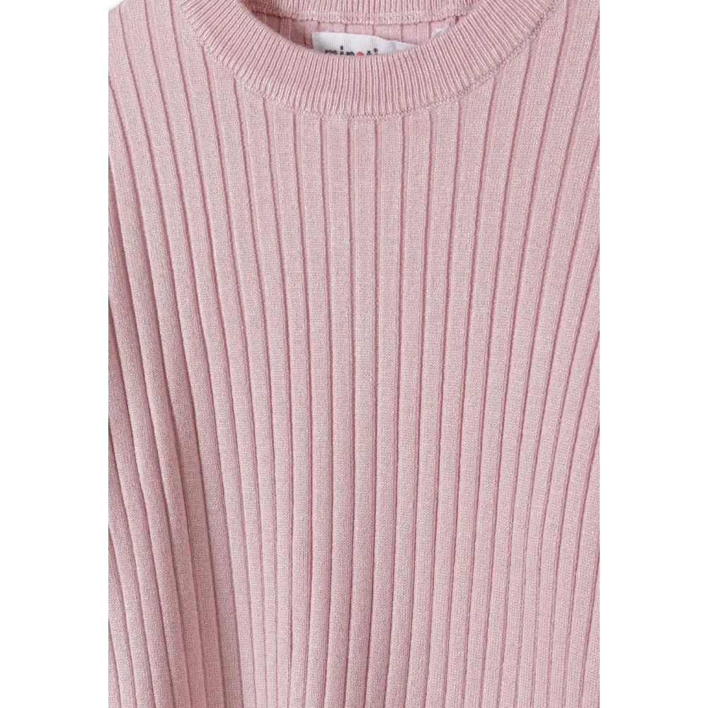 Close-up detail of light pink ribbed jumper showing rounded neckline, ribbed knit texture and brand label against white background