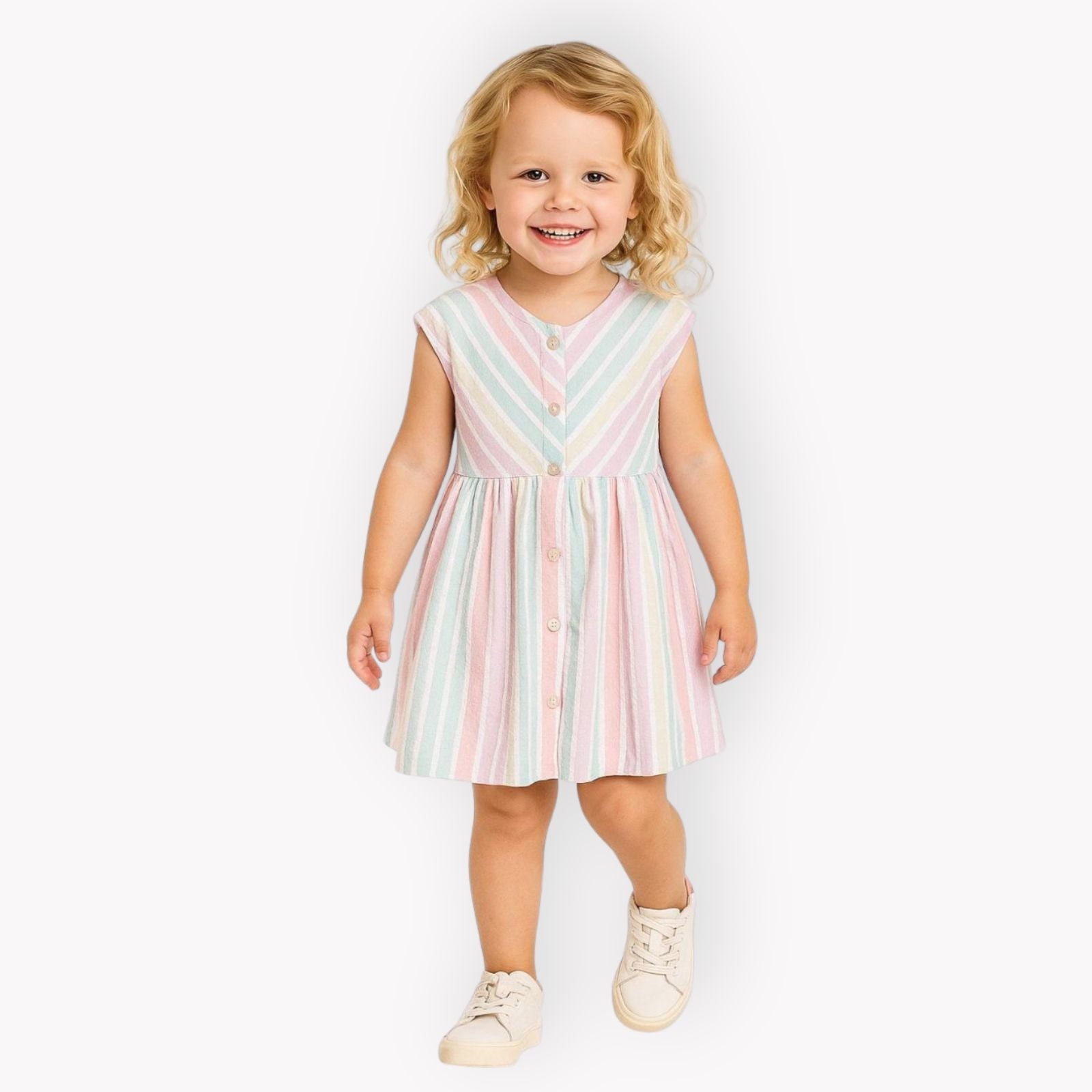 Young blonde girl wearing multicoloured striped cotton dress with button front and cap sleeves, smiling against white background